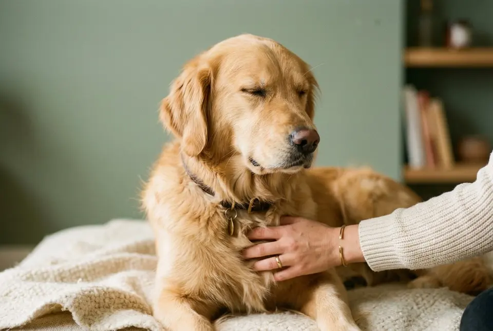 Golden retriever geniet met gesloten ogen van een rustige aai op de borst