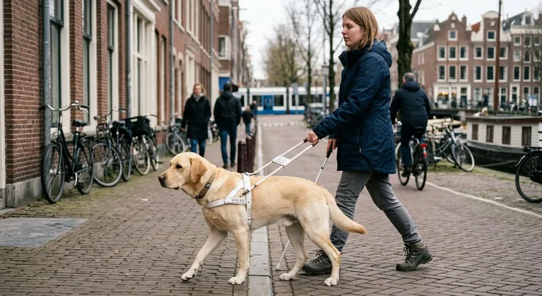 Gele labrador met wit geleidehondentuig loopt rustig aan het hefboomtuig naast zijn gebruiker over een Nederlandse straat