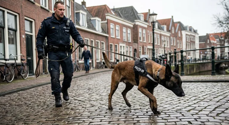 Mechelse herder met politie-K9-tuig speurt op een klinkerstraat, naast zijn geleider in politie-uniform