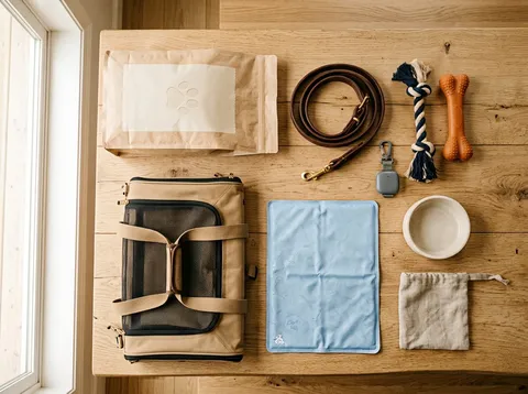 Hondenspullen flat-lay: voer, riemen en reisbenodigdheden