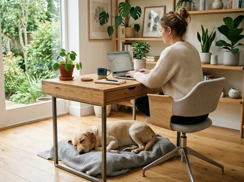 Hond ligt rustig onder het bureau tijdens thuiswerken