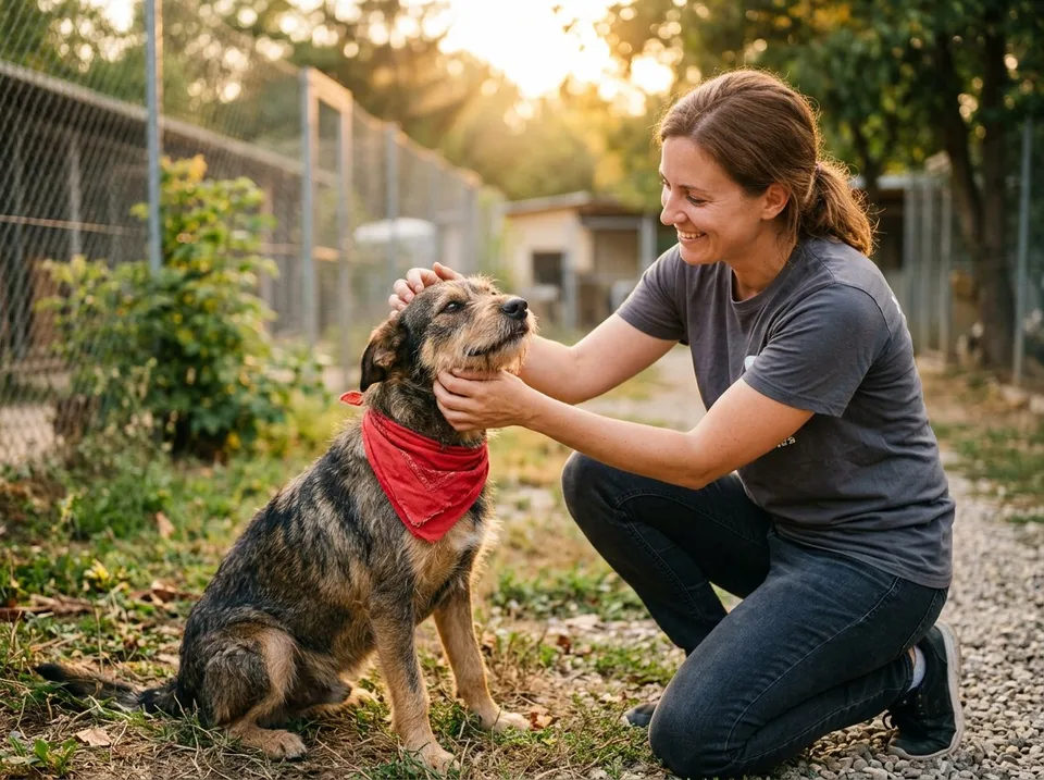 Vrijwilliger helpt een hond zonder vaste verblijfplaats