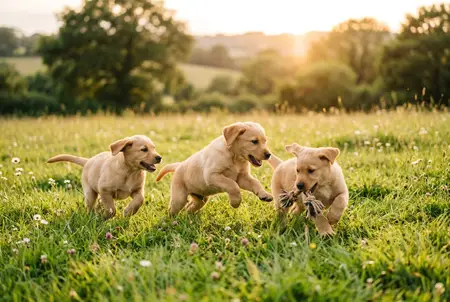 Labrador pups spelen op een weide