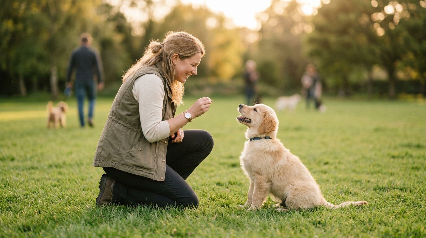 Trainer met een golden retriever pup op een grasveld